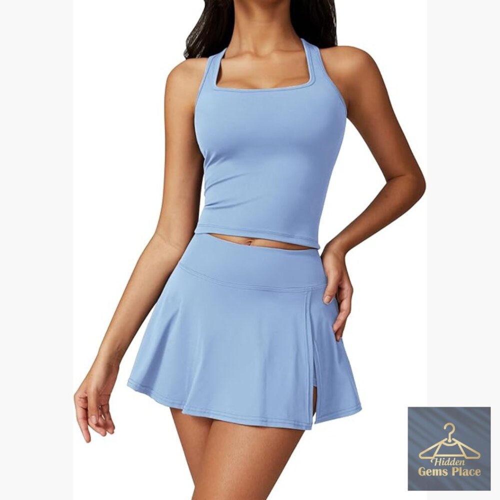 2-Piece Tennis Dress Set with Padded Tank Top and High-Waist Skort